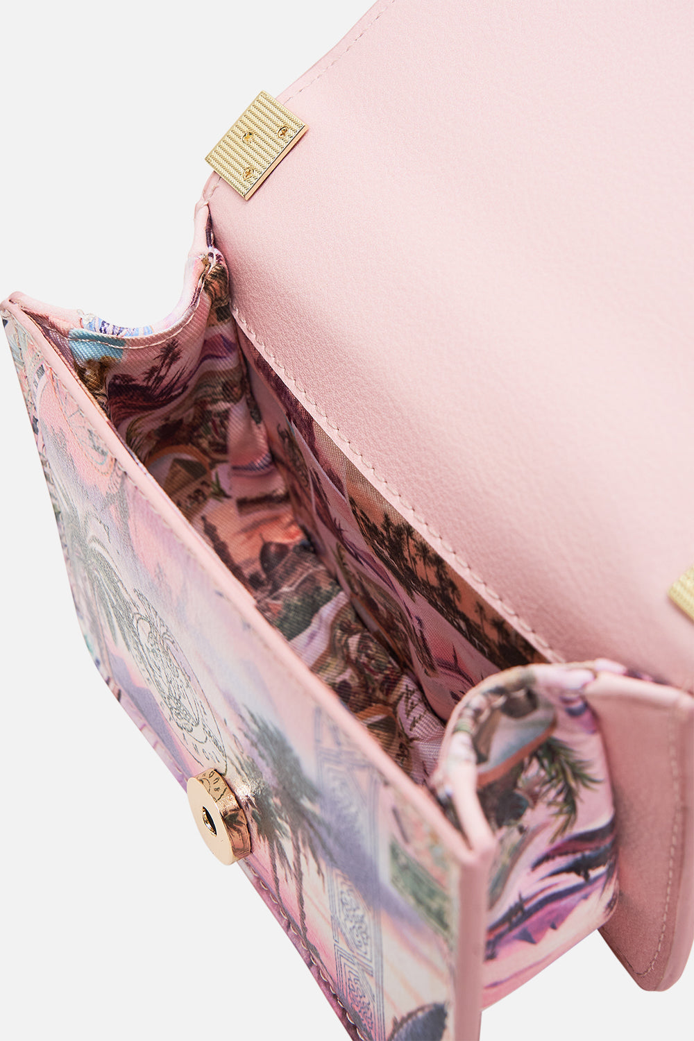 CAMILLA mini crossbody box bag with chain in Milla's Got Mail Print. 