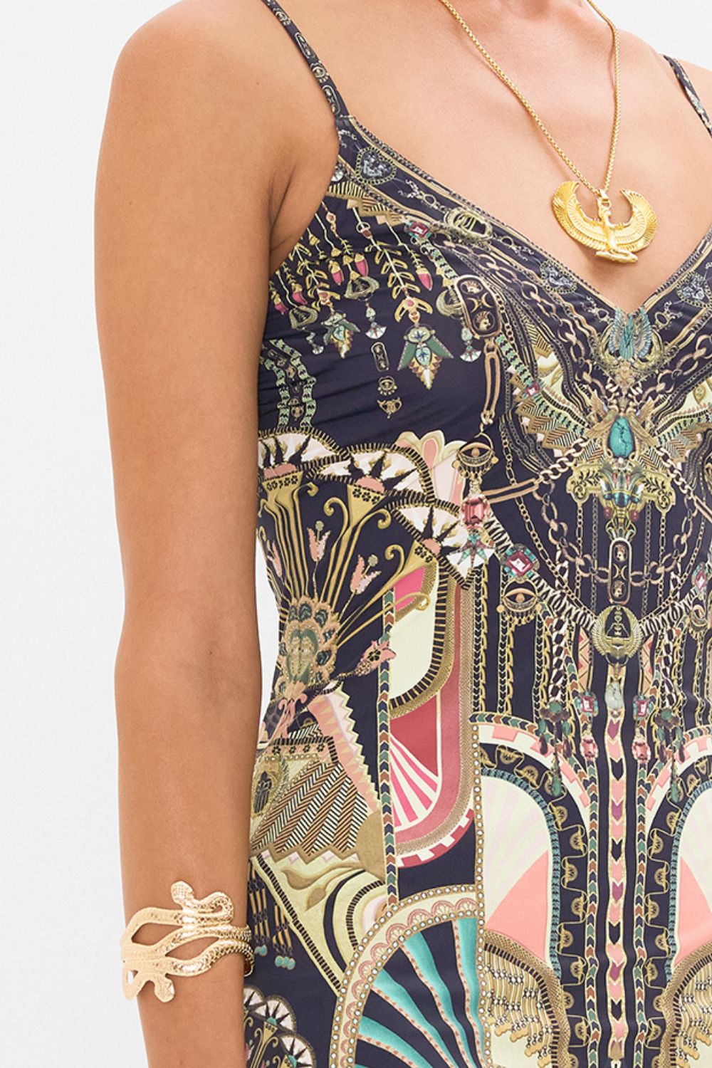 CAMILLA Black/Gold  V-Neck Slip in They Called Her Nefertari print