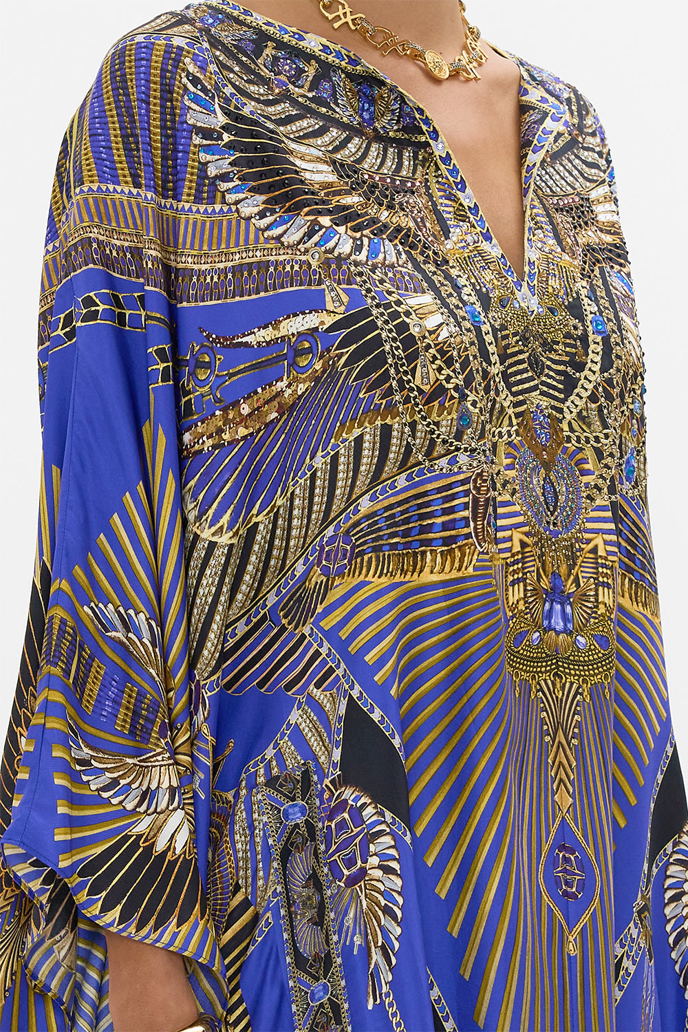 CAMILLA V Neck Kaftan With Front Welt Pockets in My Fair Pharaoh print. 