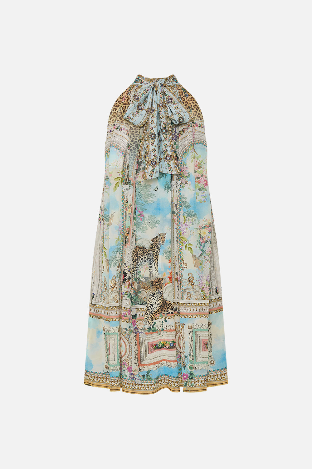 CAMILLA Tie Neck Mini Dress in We Always Have Alexandria print. 