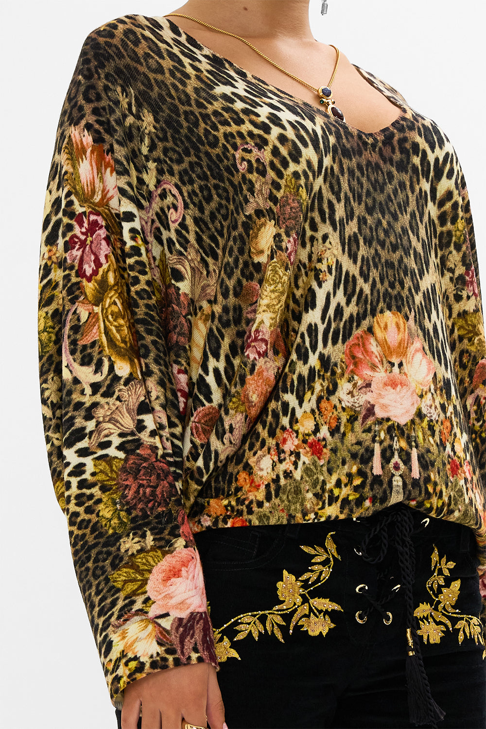 CAMILLA Leopard V-Neck Printed Dolman Sleeve Knit in Born in Bruges