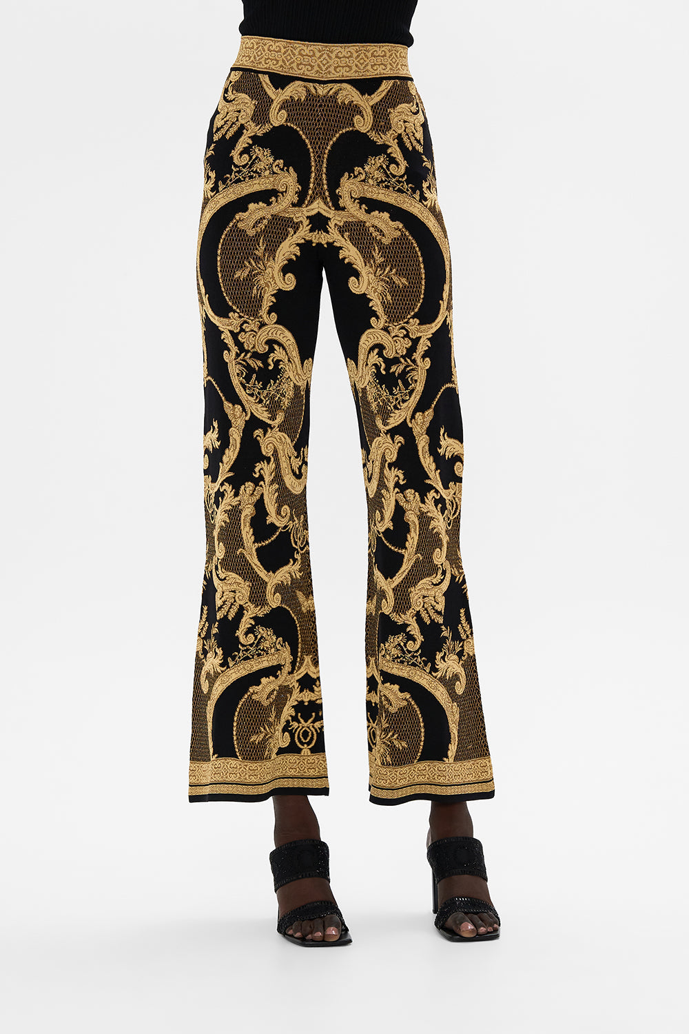 CAMILLA Black Flared Jacquard Knit Pant in Magic in the Manuscripts print