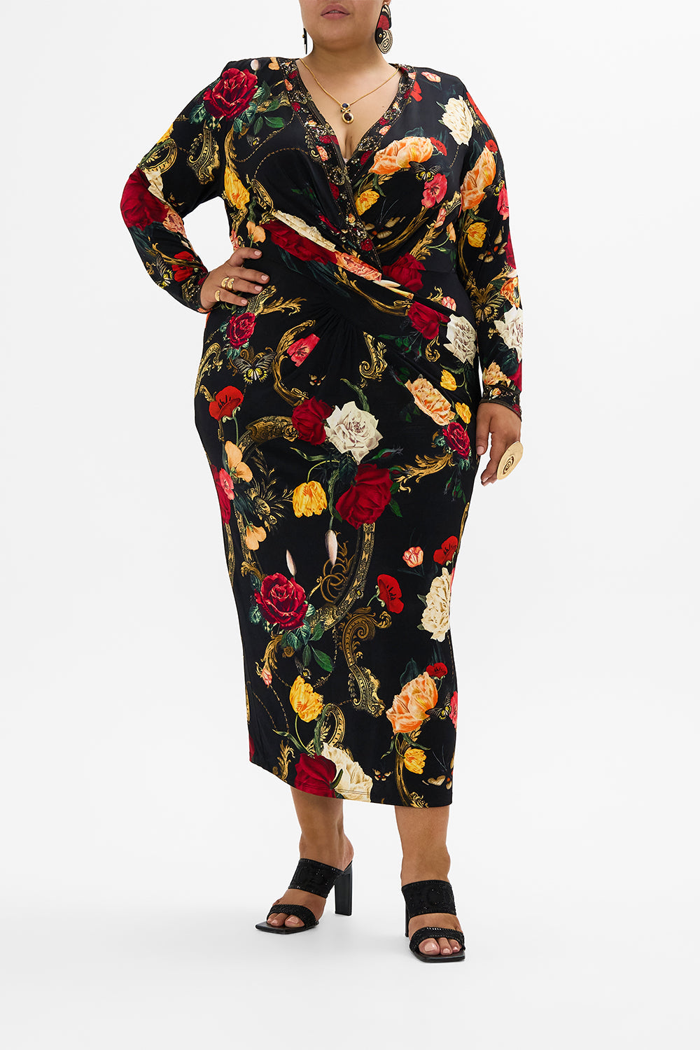 CAMILLA Black V-Neck Midi Cross Front Dress in Magic in the Manuscripts