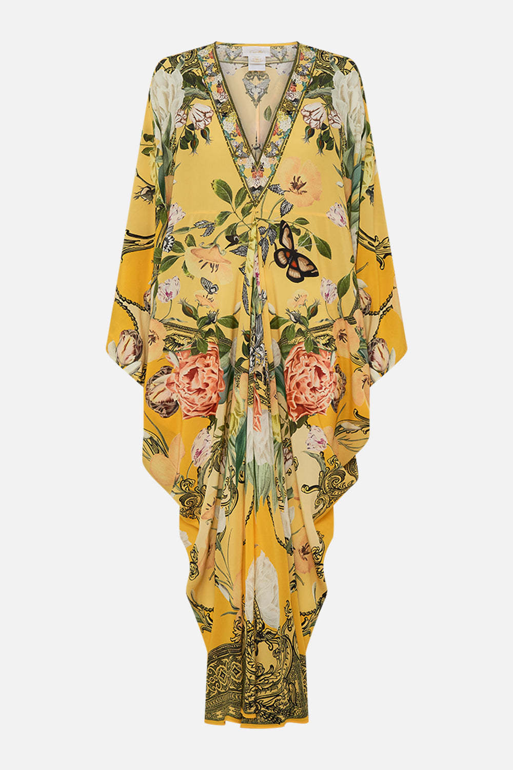 CAMILLA yellow T Shape Long Kaftan in Paths of Gold