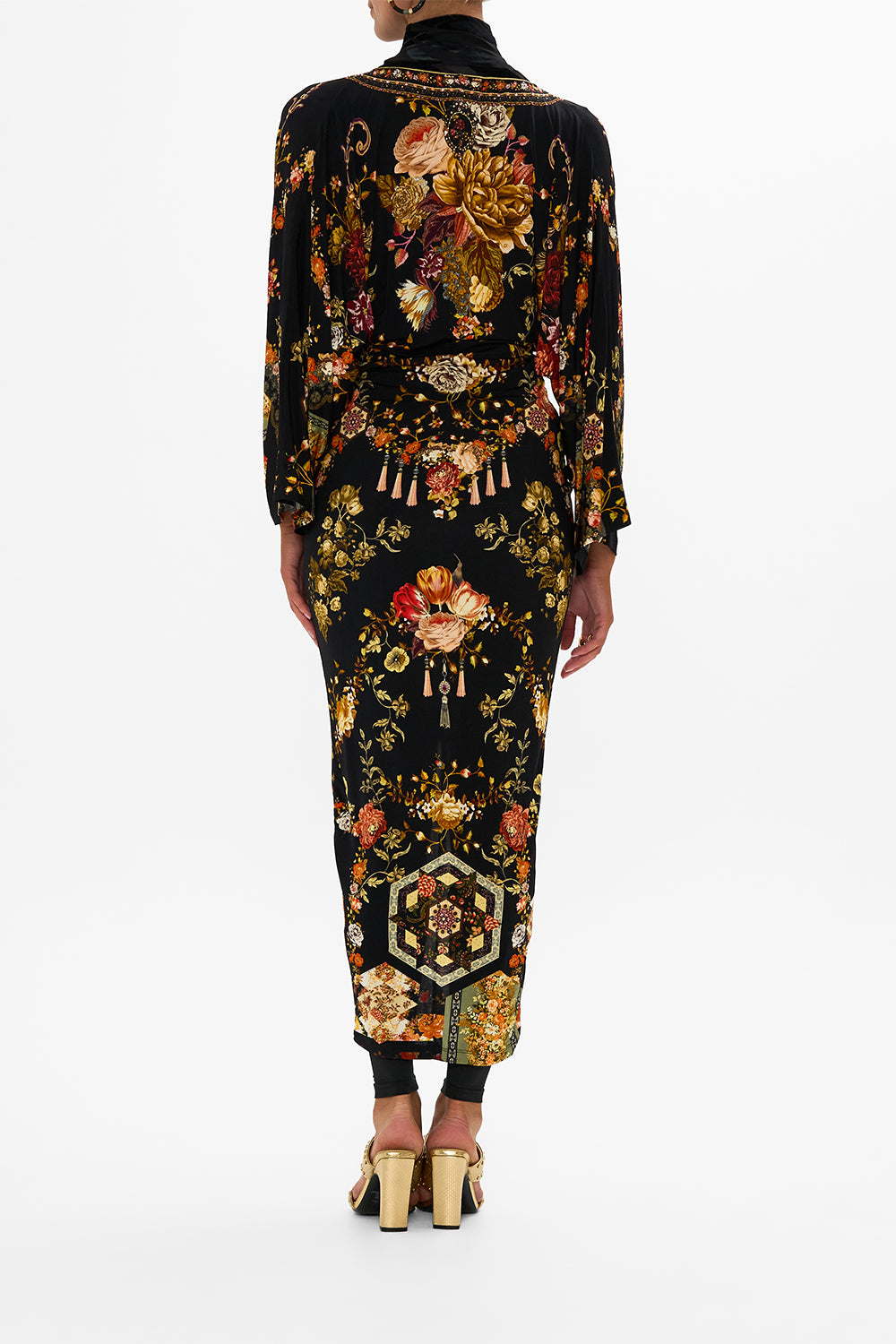 CAMILLA multicolor long split-front twist dress in Stitched In Time print.