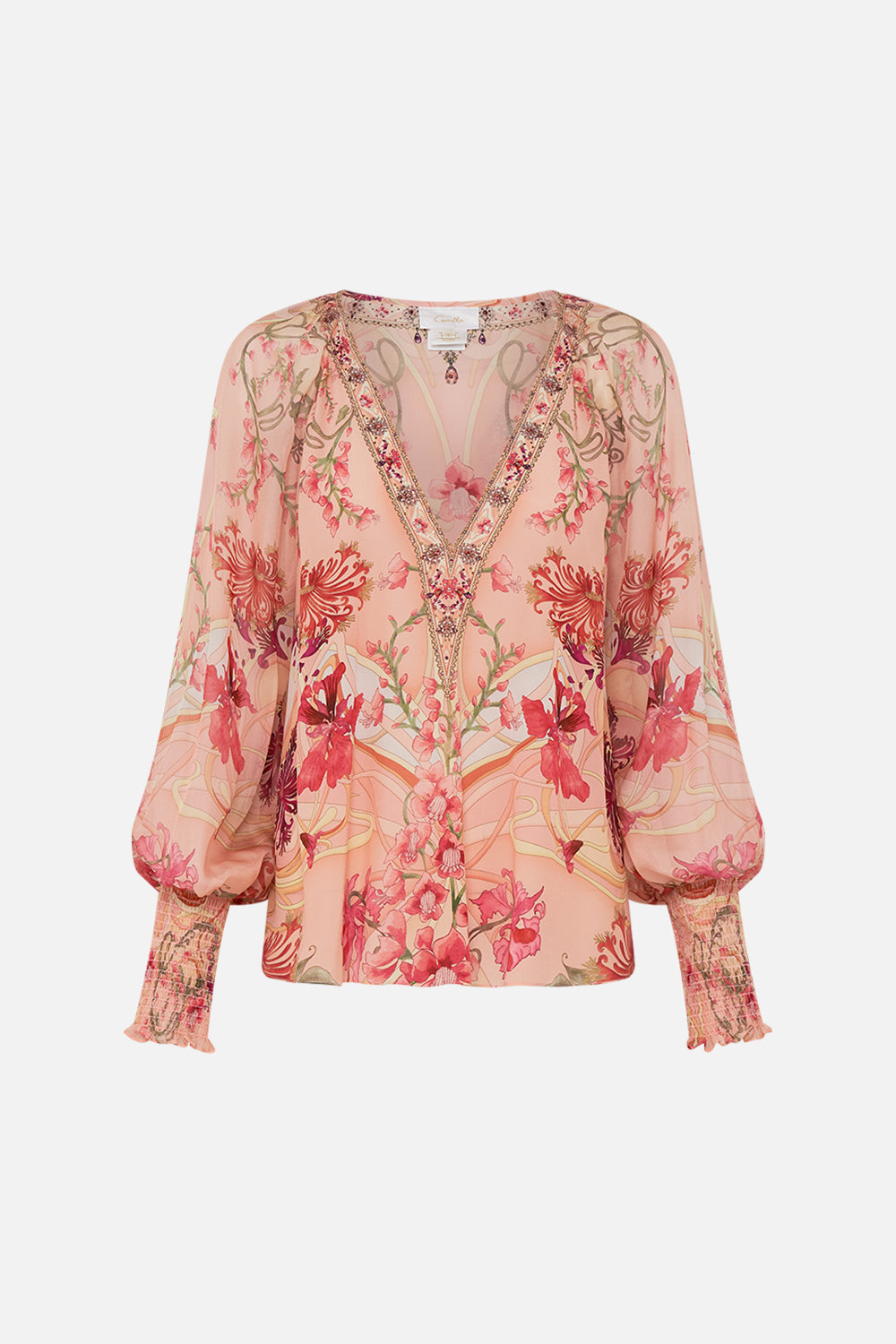 SHIRRED CUFF BLOUSE BLOSSOMS AND BRUSHSTROKES