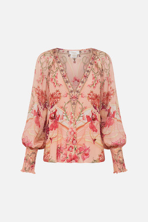 SHIRRED CUFF BLOUSE BLOSSOMS AND BRUSHSTROKES