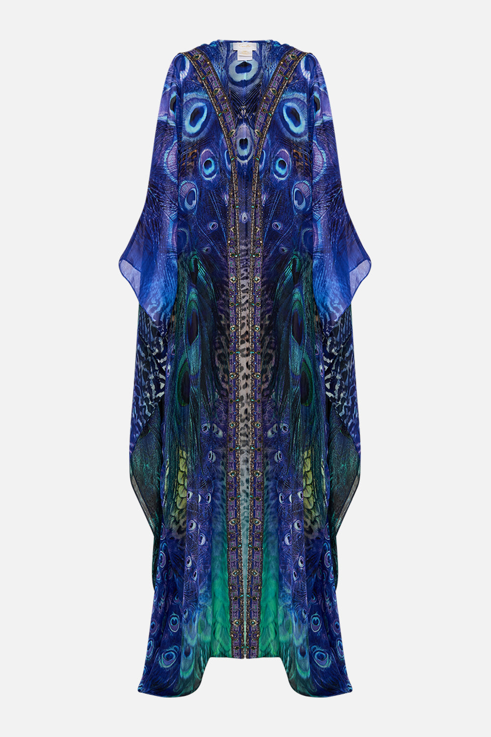 Product view of CAMILLA silk robe in Peacock Rock print