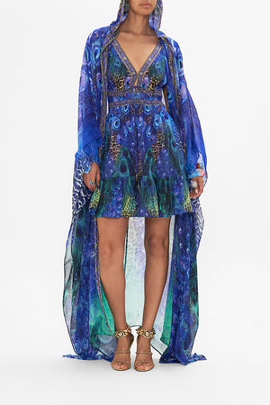 Front view of model wearing CAMILLA silk robe in Peacock Rock print