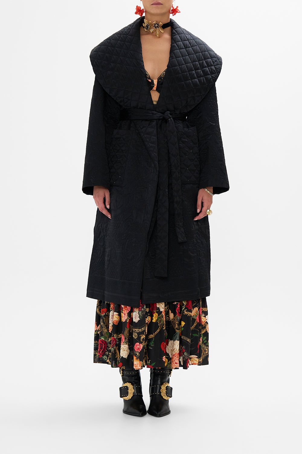 CAMILLA Black Puffer Long Wrap Coat in Magic in the Manuscripts print