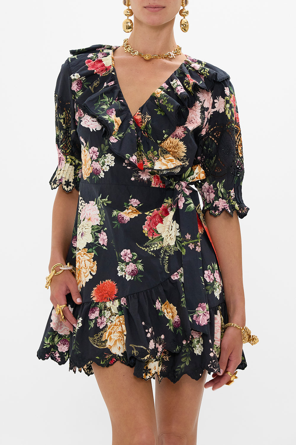 MINI WRAP DRESS WITH PUFF SLEEVE ADORNED IN ALEXANDRIA