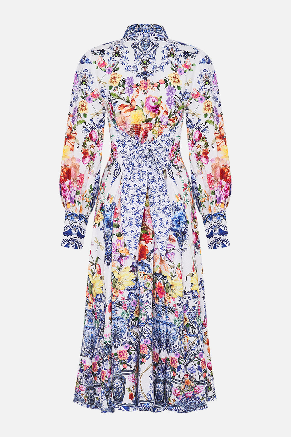 Back view of CAMILLA silk shirt dress in Dutch Is Life print