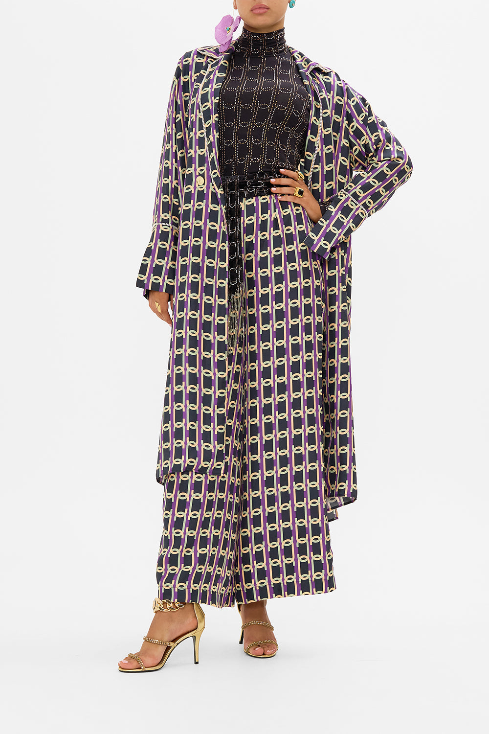 CAMILLA silk trousers in Film Diva print