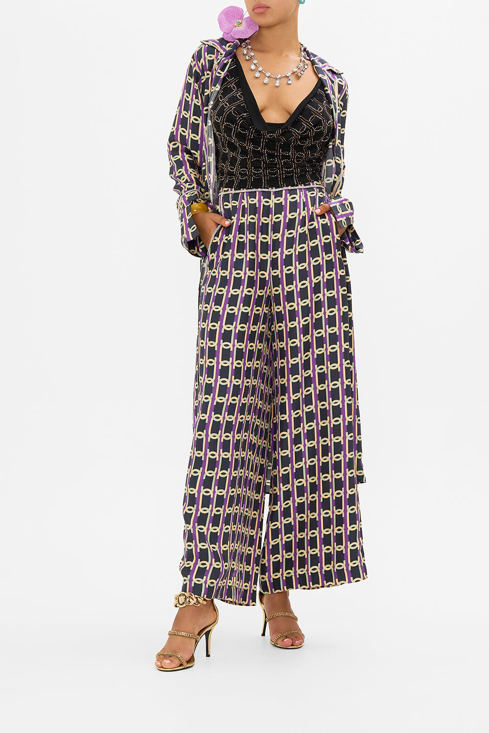 CAMILLA silk trousers in Film Diva print