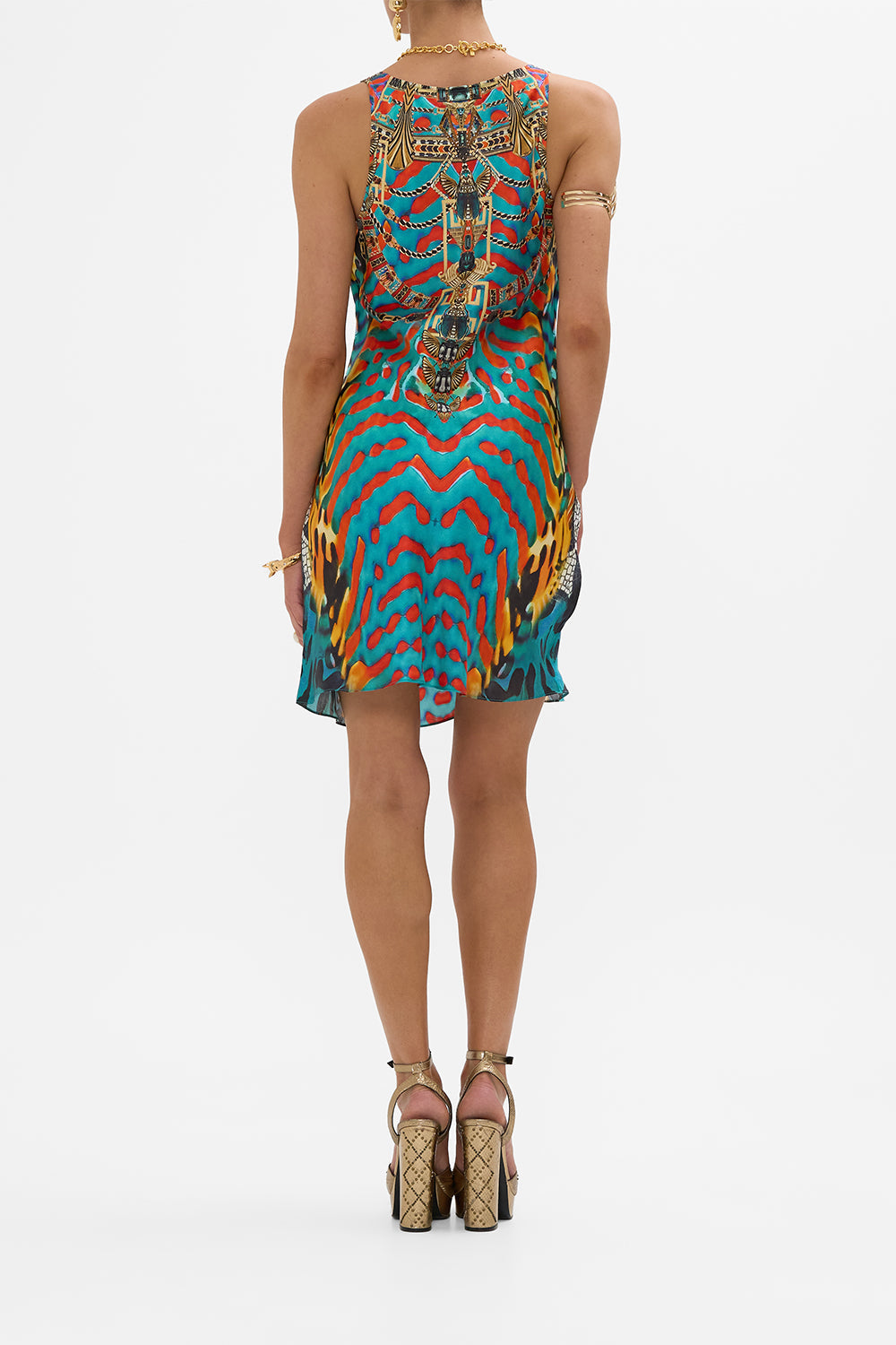 CAMILLA Short bias Slip Dress with Wide Strap in Desert Visions print. 