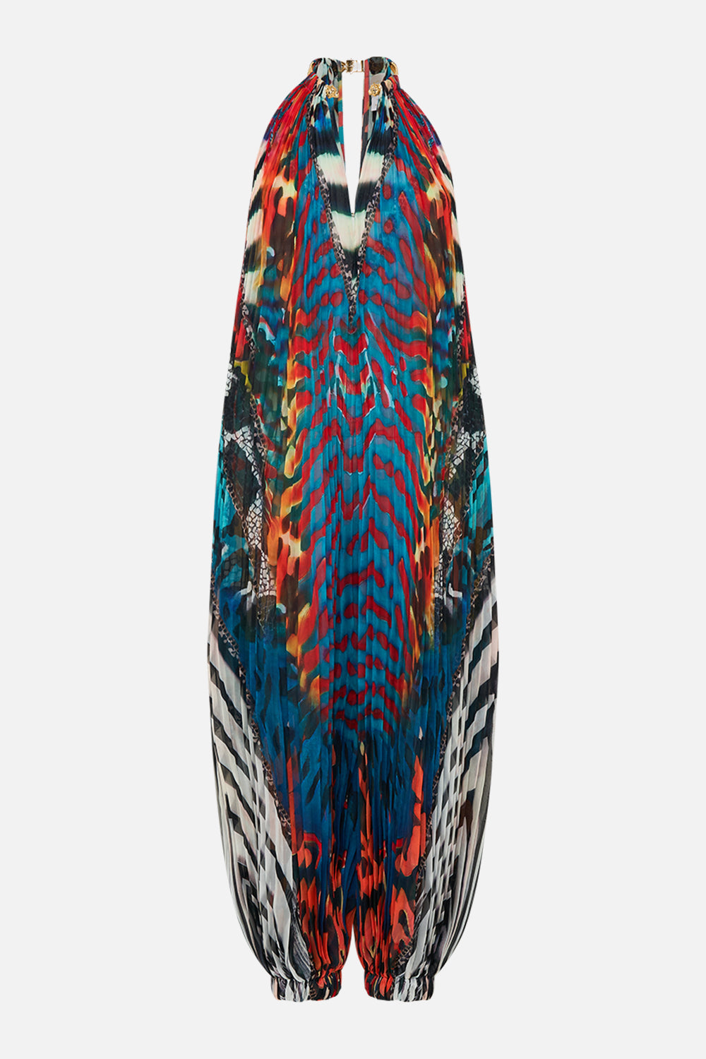 CAMILLA plisse jupsuit with neckpiece in Desert Visions print.