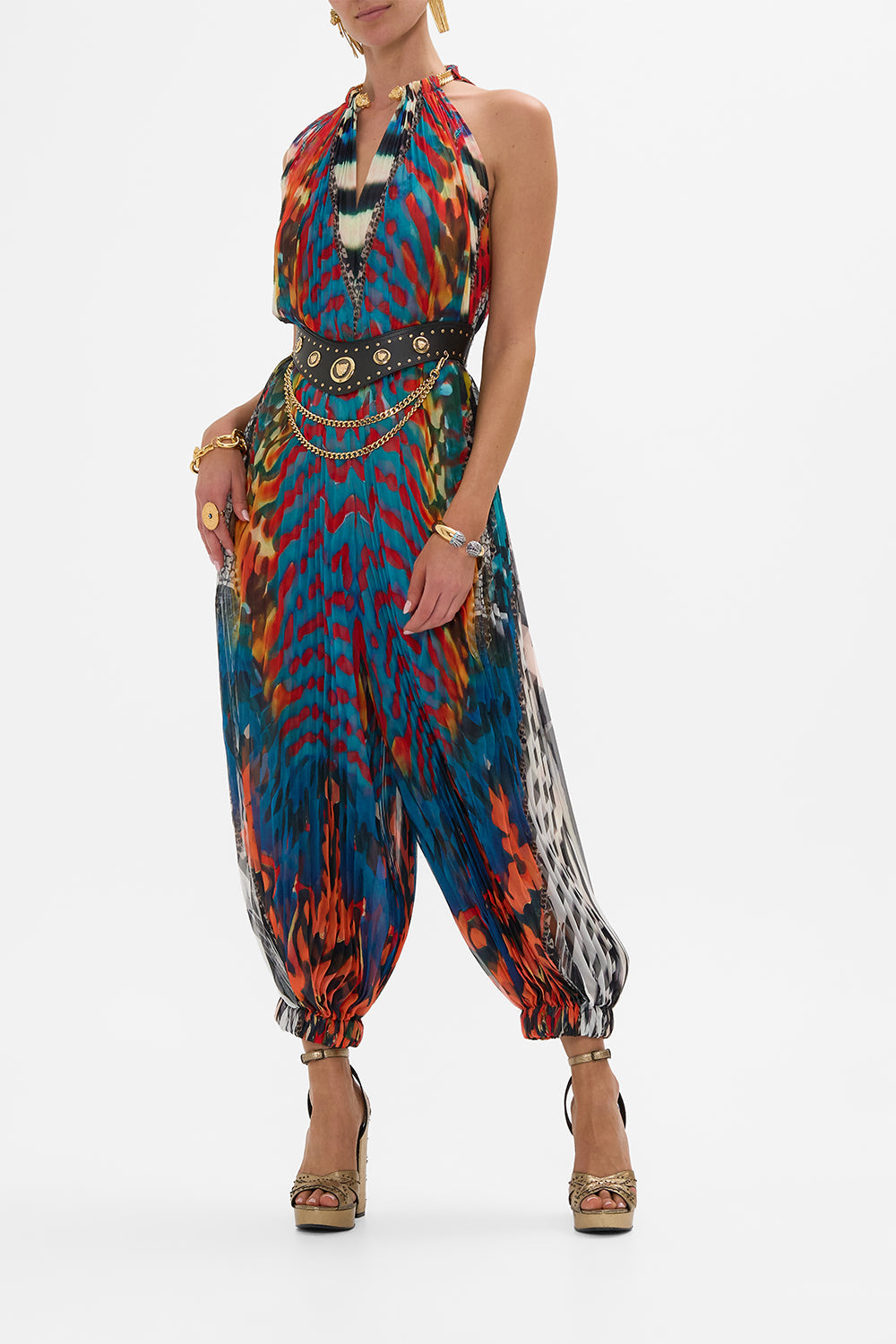 CAMILLA plisse jupsuit with neckpiece in Desert Visions print.