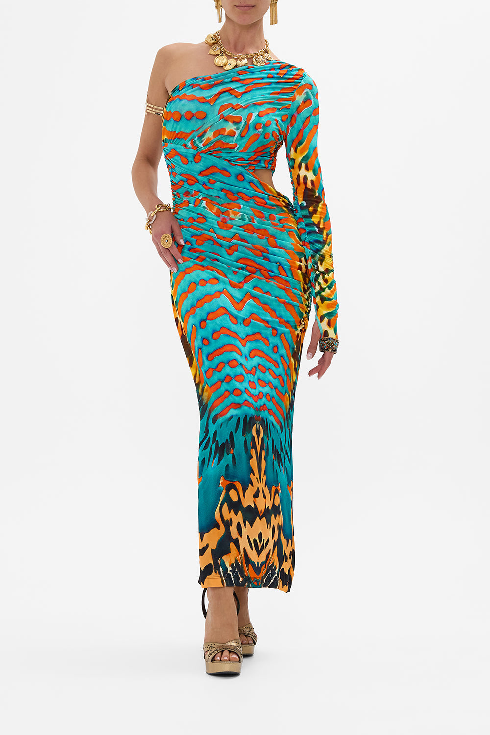 CAMILLA One Shoulder Jersey Cut Out Dress in Desert Visions print.