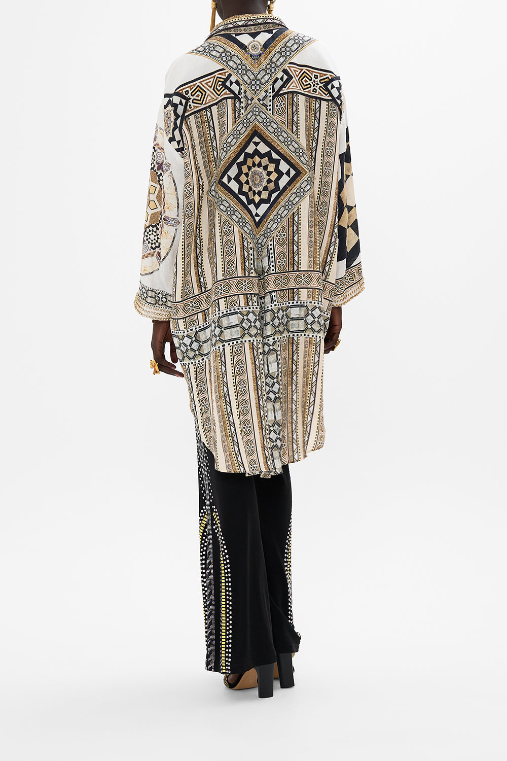 CAMILLA Relaxed High Low Shirt Dress in Tile Style Print.