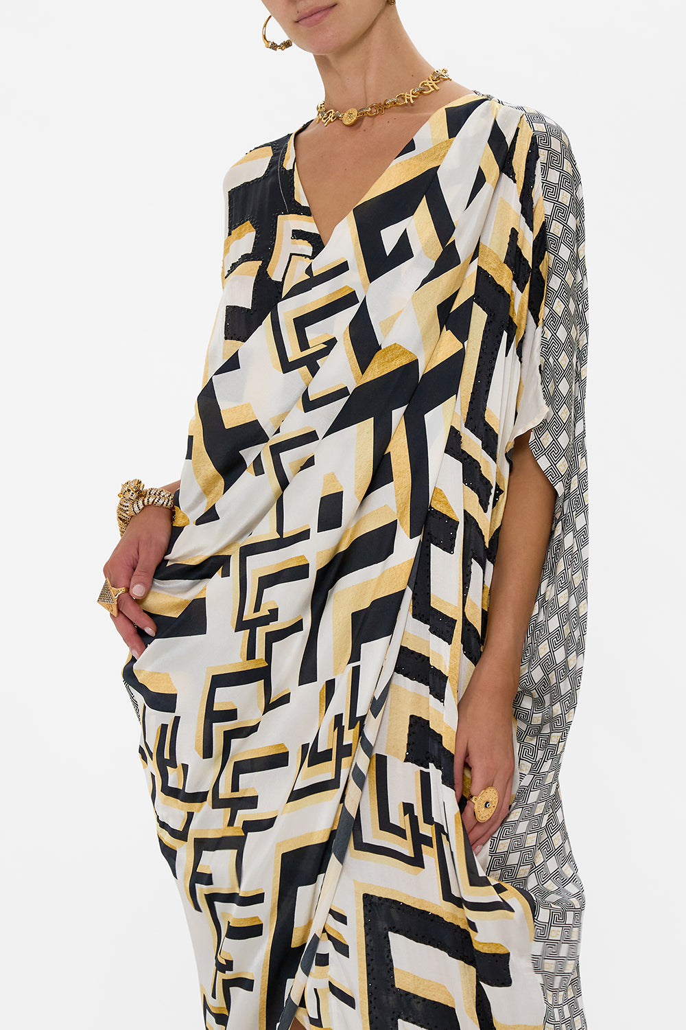 V NECK GATHERED SHOULDER DRAPED KAFTAN TEMPLES OF DENDARA