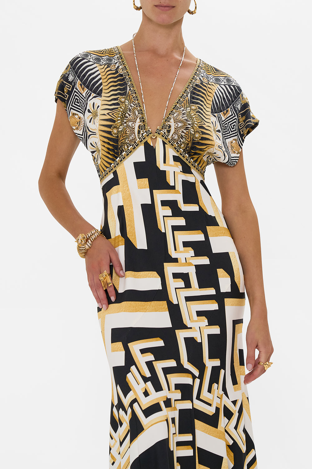 V NECK HARDWARE DRESS WITH NECK TIE TEMPLES OF DENDARA