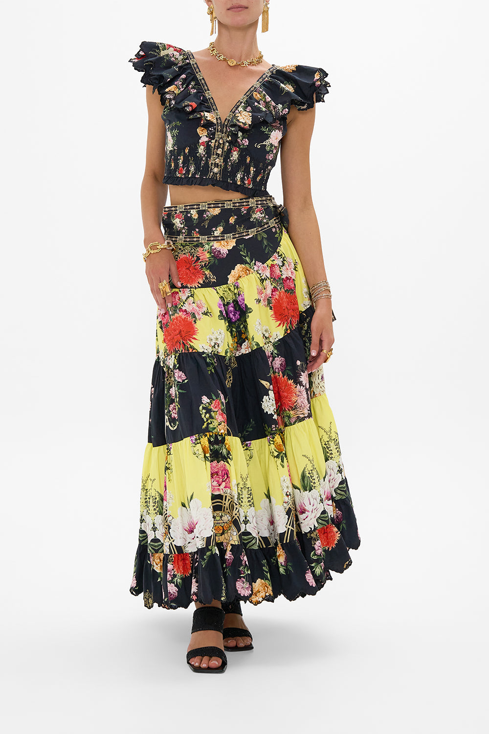 CAMILLA Deep V Frill Short Sleeve Top in Adorned In Alexandria print