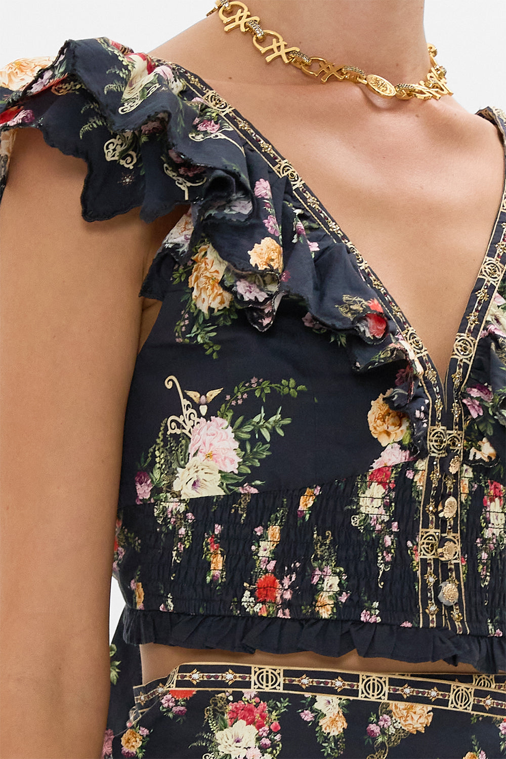 DEEP V FRILL SHORT SLEEVE TOP ADORNED IN ALEXANDRIA