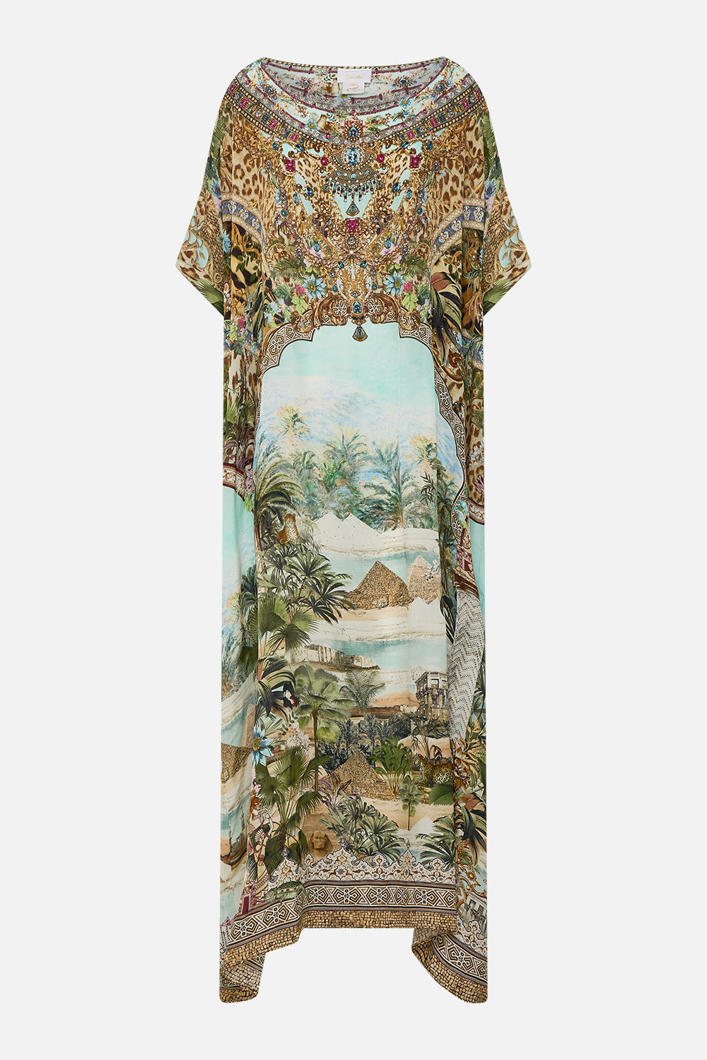 CAMILLA Round Neck Kaftan in Views of the Valley Print.