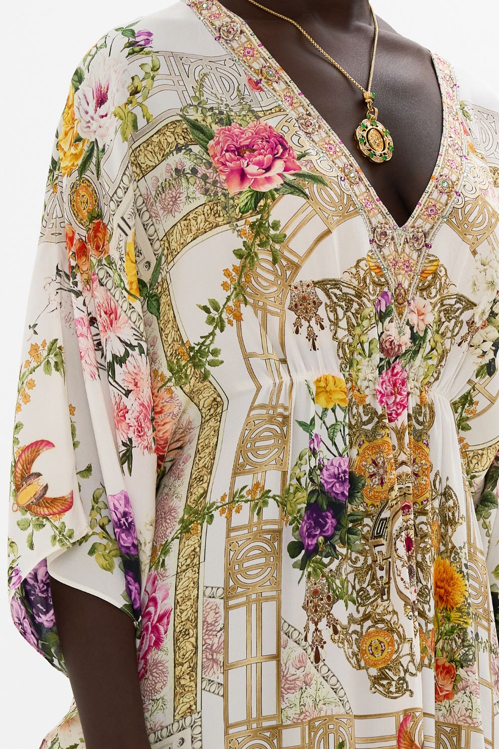 CAMILLA Gathered waist kaftan in Egyptian rose print.