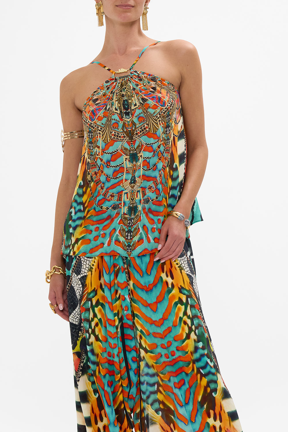 CAMILLA Gather Neck Hardware Top in Desert Visions print.