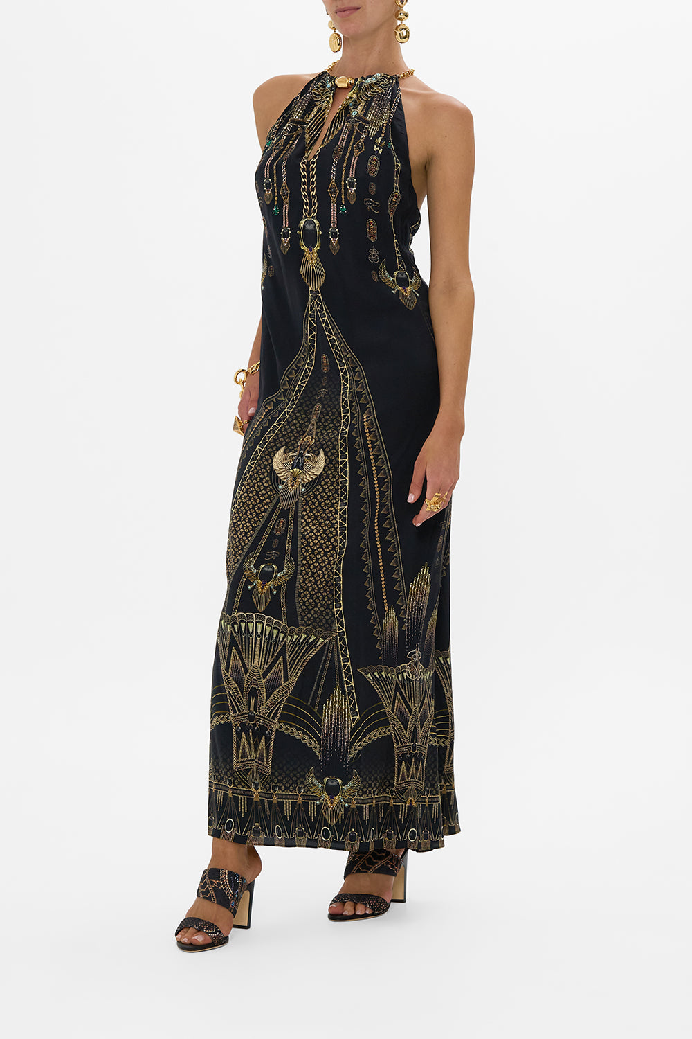LOW BACK LONG DRESS WITH NECK HARDWARE CALL ME CLEOPATRA