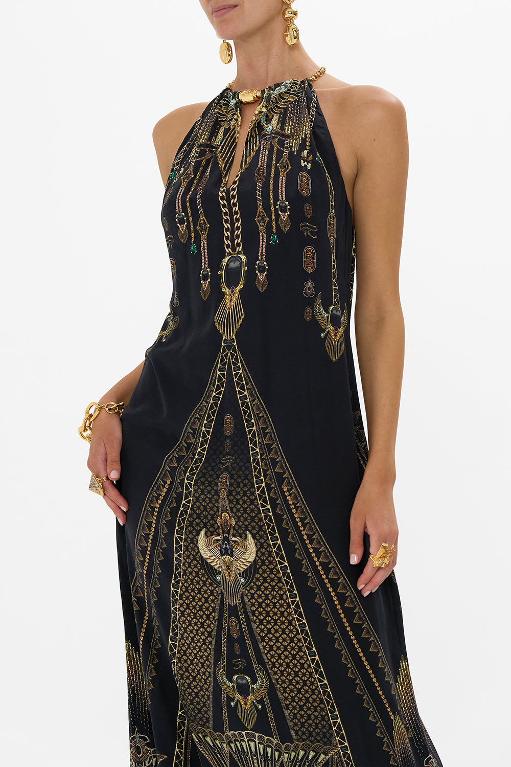 LOW BACK LONG DRESS WITH NECK HARDWARE CALL ME CLEOPATRA