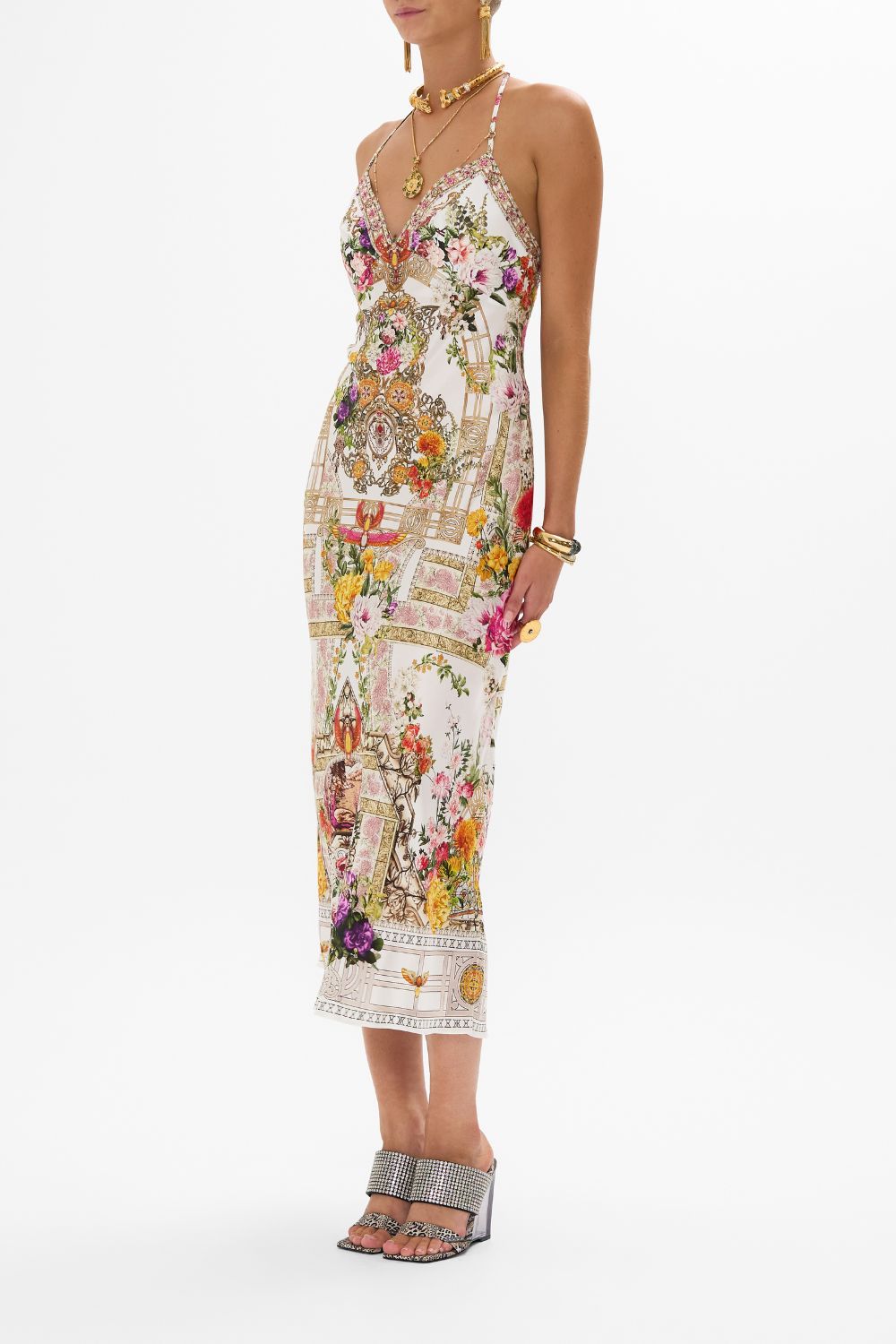 CAMILLA Chain detail slip dress in Egyptian rose print.