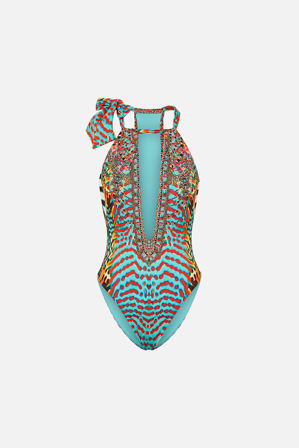 CAMILLA Chain Neck Plunge One Piece in Desert Visions print. 