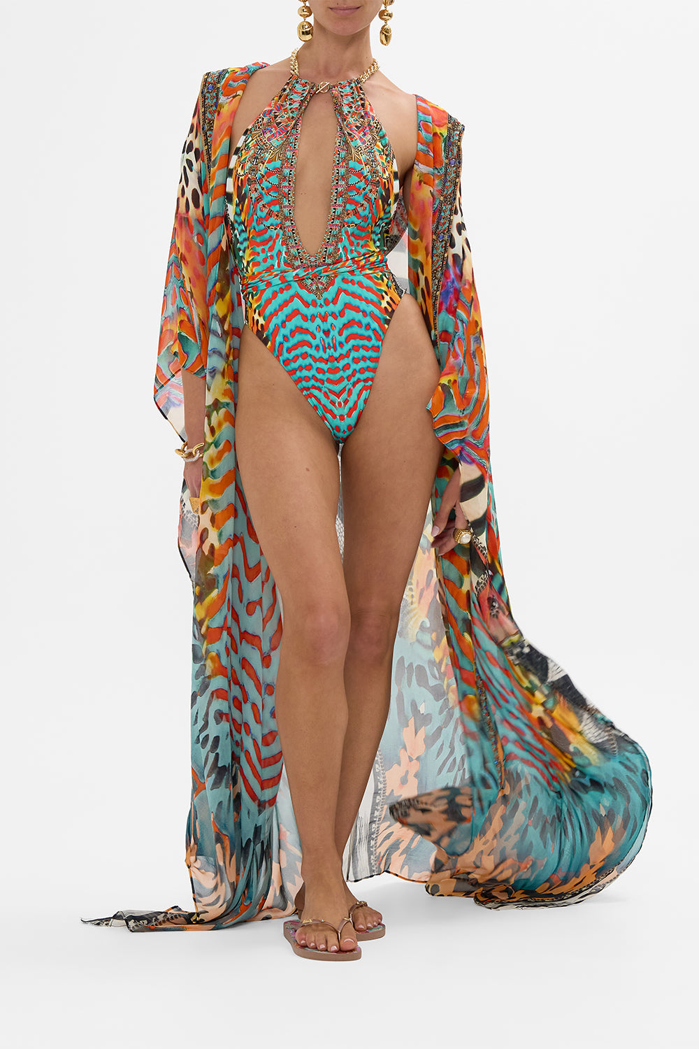 CAMILLA Chain Neck Plunge One Piece in Desert Visions print. 