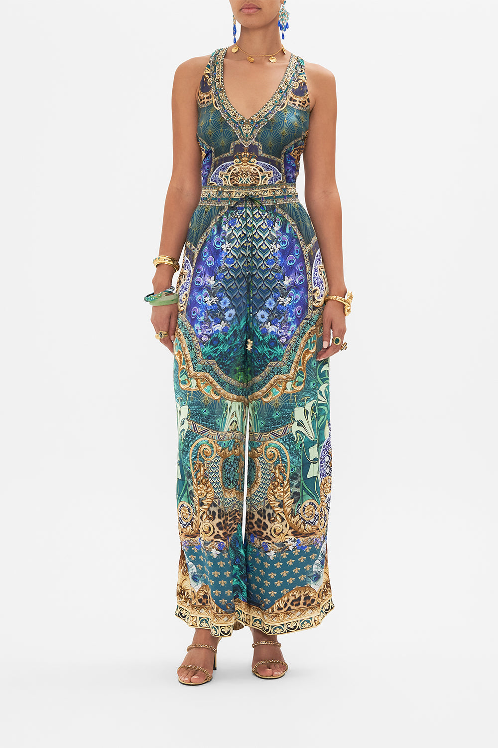 Front view of model wearing CAMILLA silk pants in Fan Dance print 