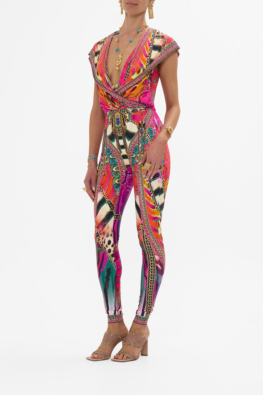 CAMILLA Hooded Sleeveless Catsuit in Sahara Supernatural print.