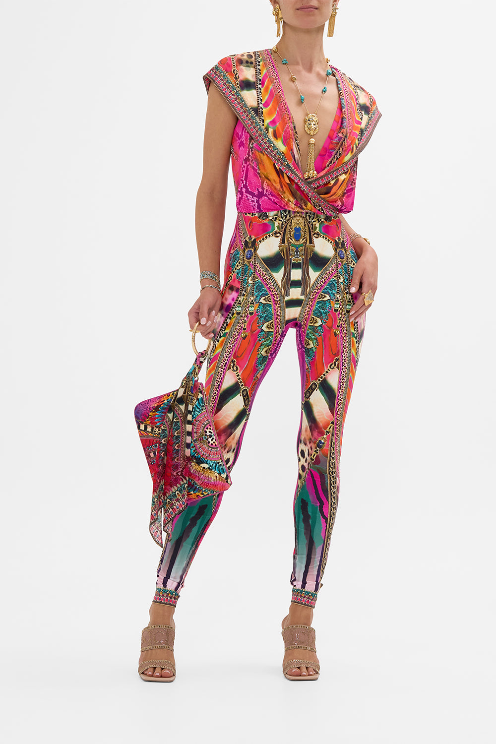 CAMILLA Hooded Sleeveless Catsuit in Sahara Supernatural print.
