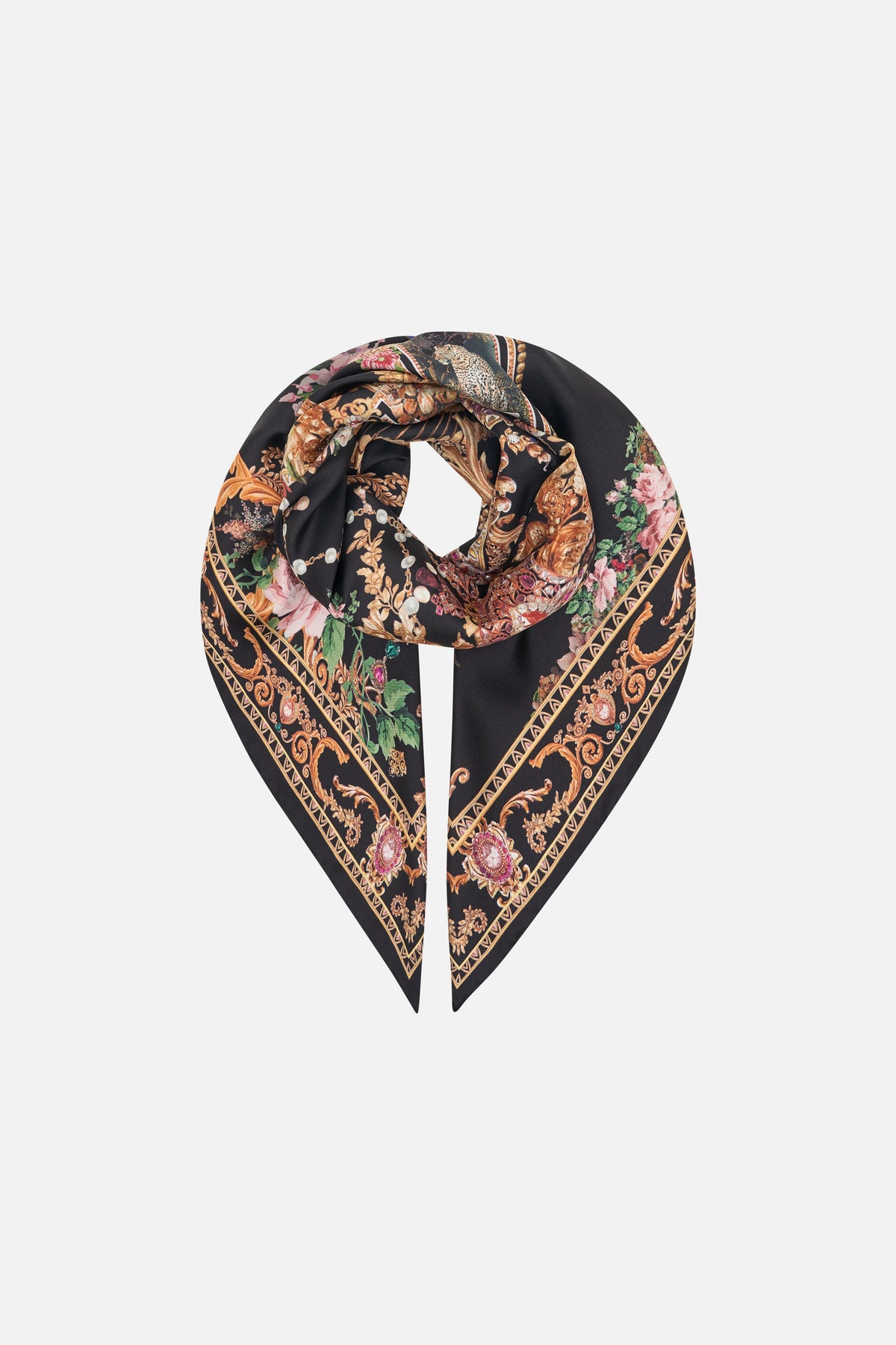 CAMILLA black silk square scarf in Dynasty Daze print. 