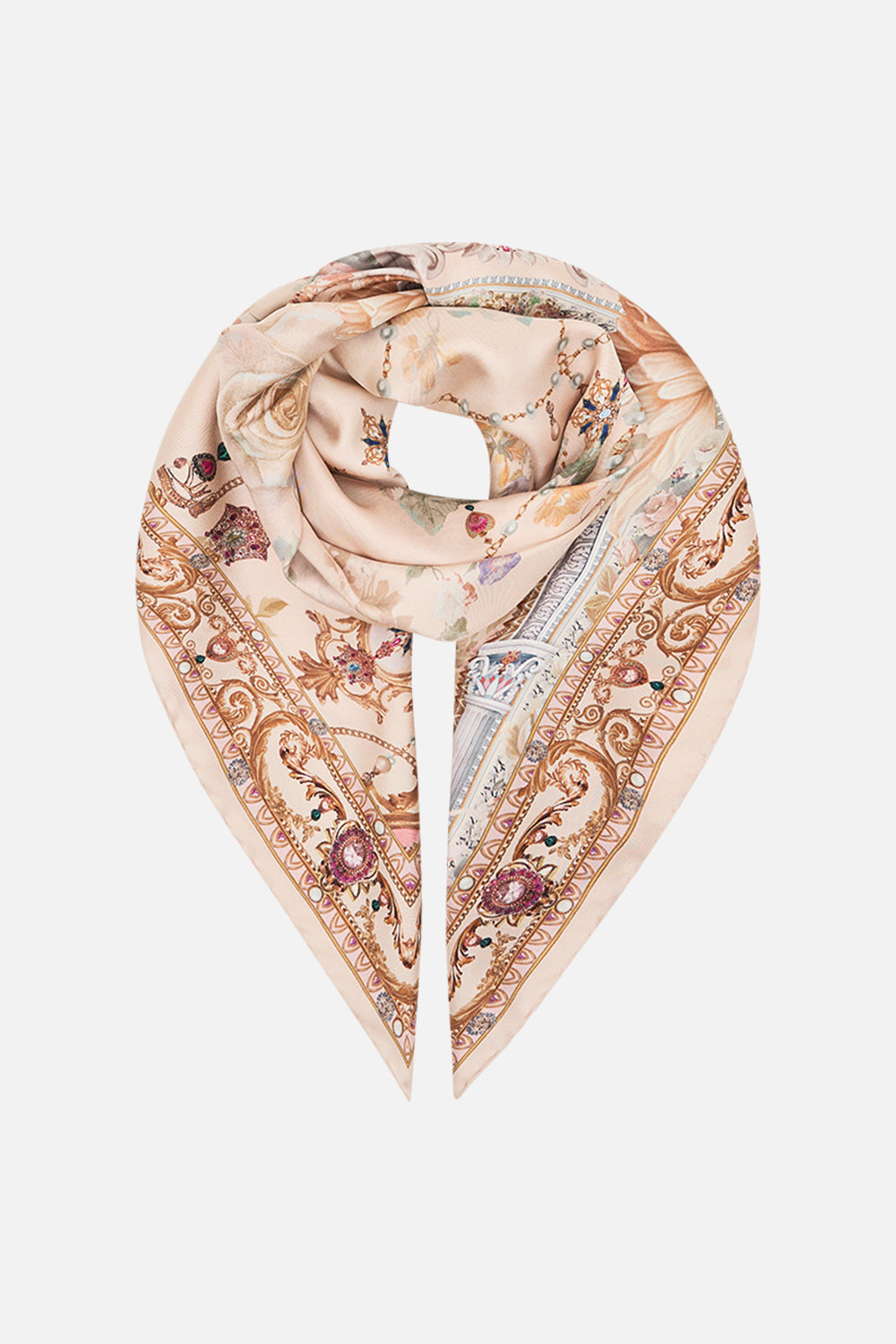 CAMILLA floral silk square scarf in Adorned in Antiquity print.