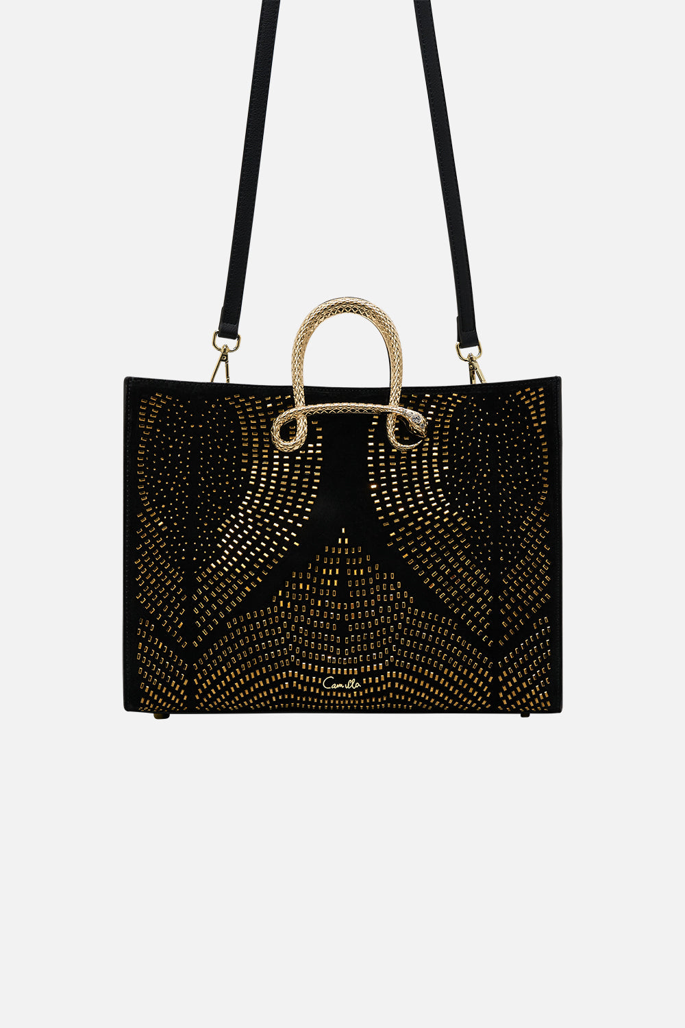CAMILLA east west tote with snake in Solid Black print