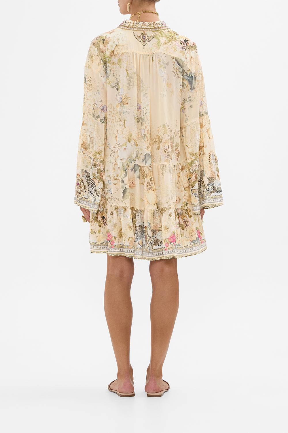 CAMILLA floral tired dress with collar in Adorned in Antiquity print. 