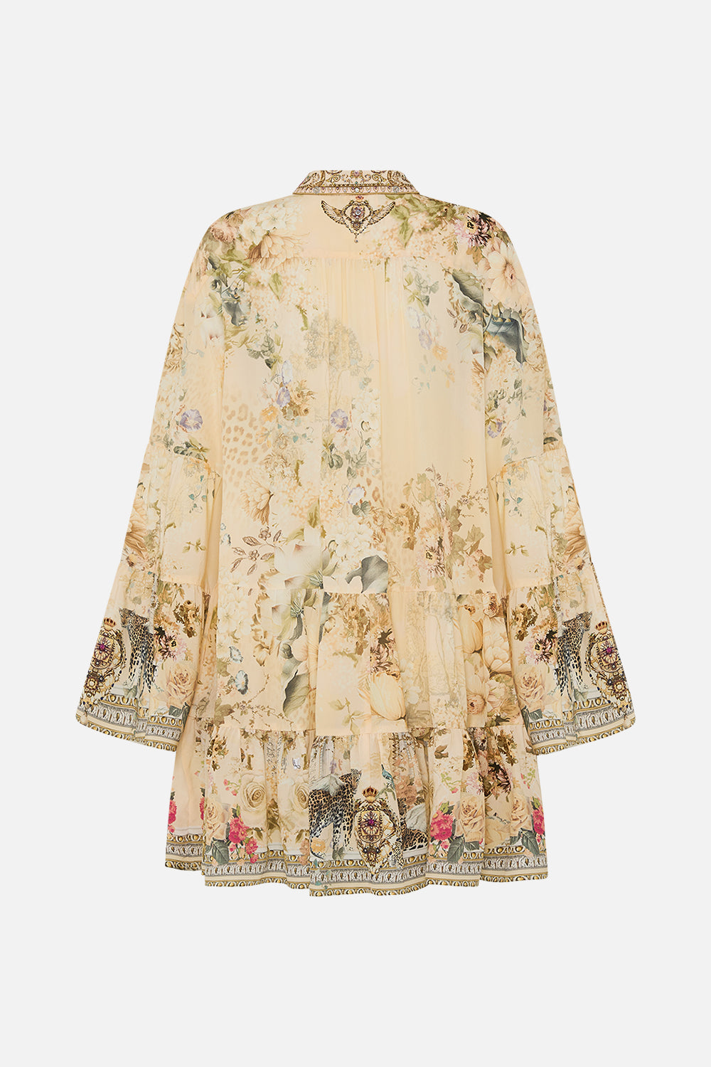 CAMILLA floral tired dress with collar in Adorned in Antiquity print. 