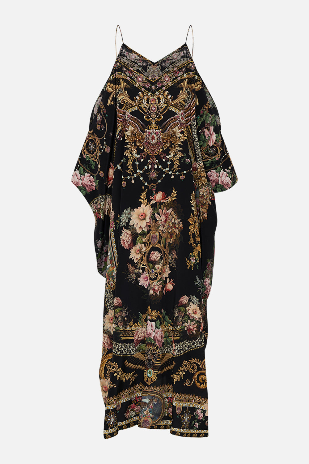 CAMILLA shoestring strap kaftan in Dyansty Daze print. 