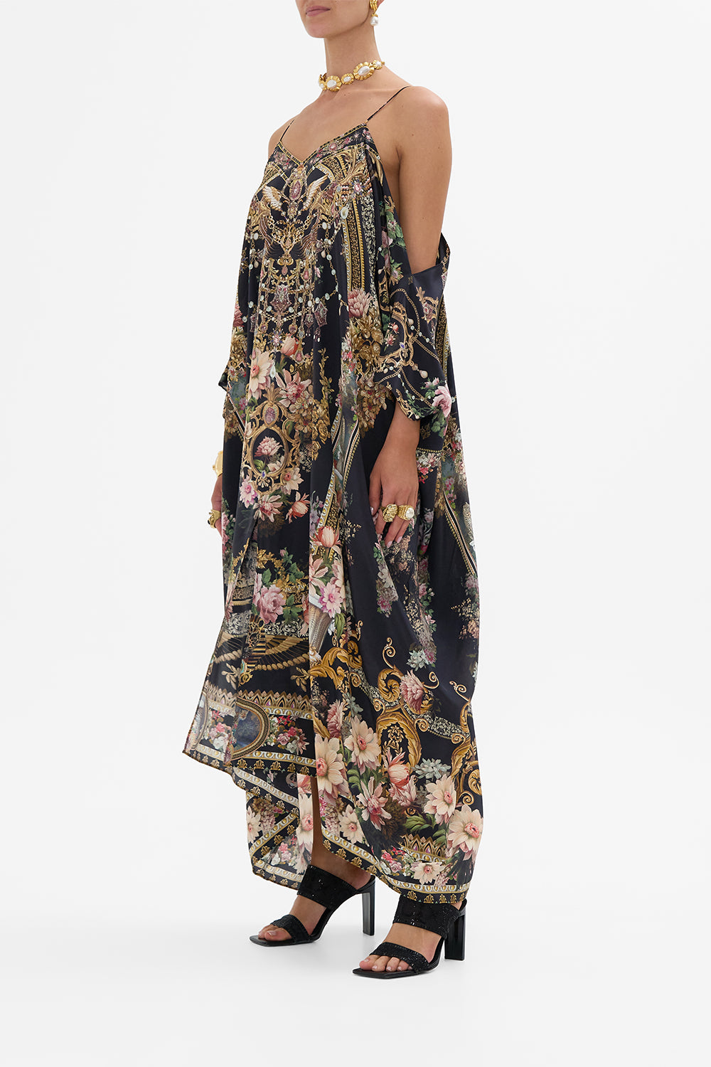 CAMILLA shoestring strap kaftan in Dyansty Daze print. 