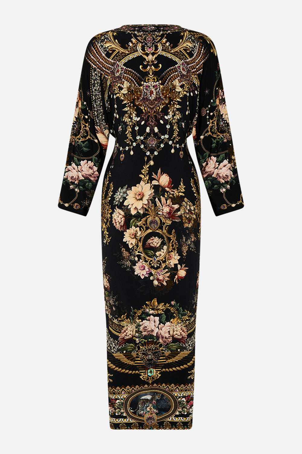 CAMILLA long split front twist dress in Dynasty Daze print. 