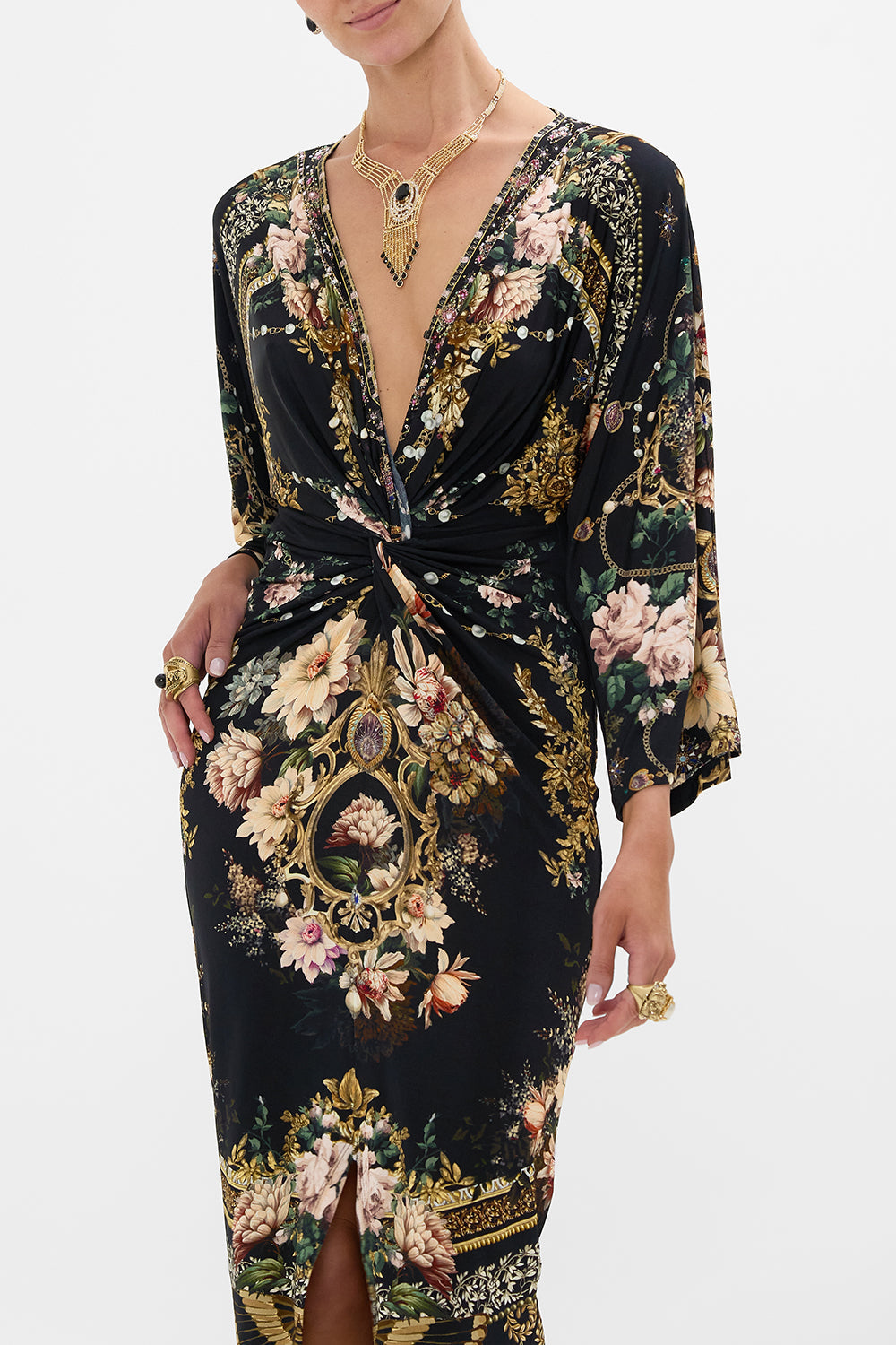 CAMILLA long split front twist dress in Dynasty Daze print. 