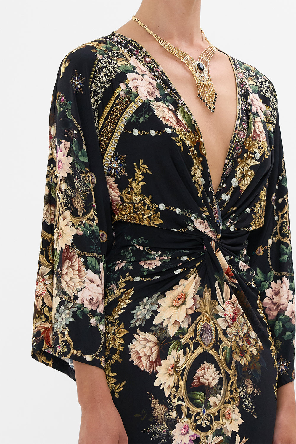 CAMILLA long split front twist dress in Dynasty Daze print. 