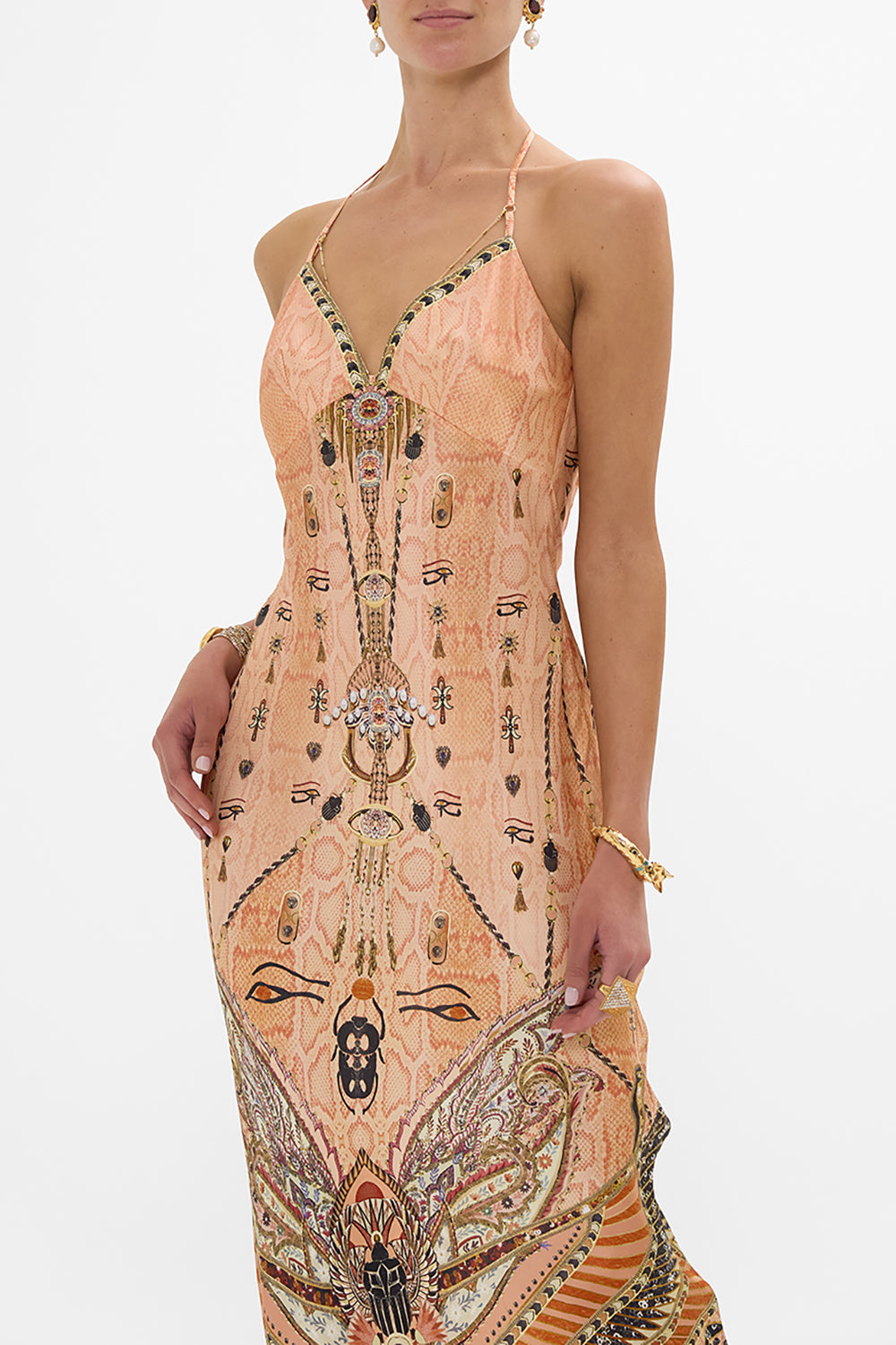 CAMILLA Gold Chain Detail Slip Dress in Kingdom of Hieroglyphs Print
