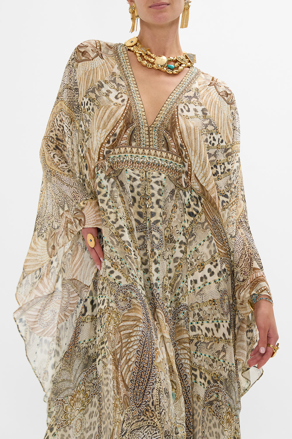 CAMILLA Long Kaftan with Waist Detail in The Throne Room print